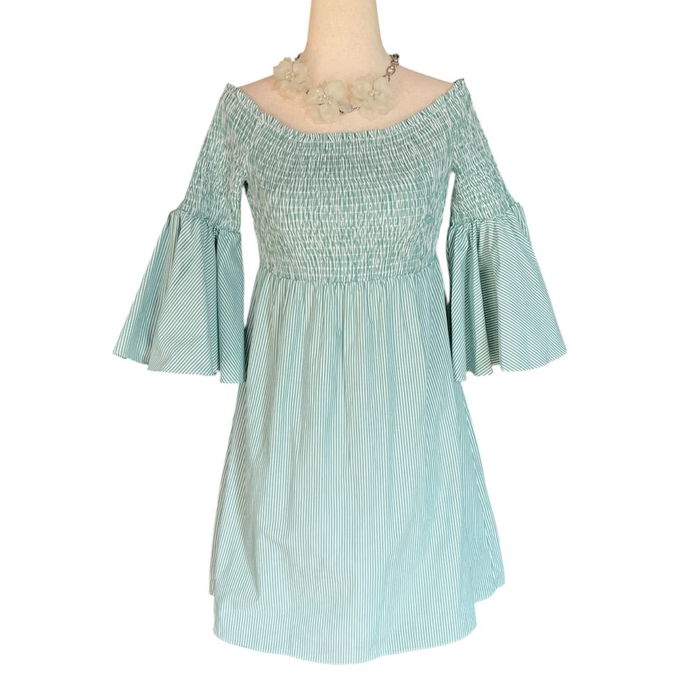 Gianni Bini green and white striped smocked off-the-shoulder dress